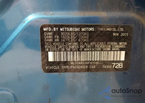 2015 Mitsubishi Mirage Es from USA, damaged, VIN ML32A4HJ5FH059570
